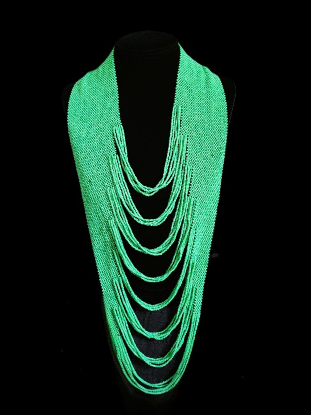 Vintage 90s Multi Strand Glass Seed Bead Statement Necklace - Lime Green Boho